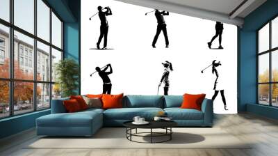 people playing golf in various poses isolated vector silhouette on white background Wall mural