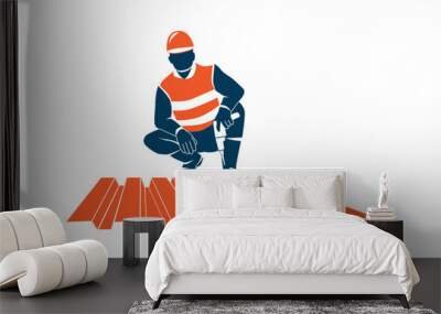 Worker Squatting Posing Holding a Drill Wall mural