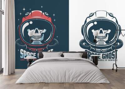 Astronaut helmet with skull - vintage emblem. Spaceman skeleton in space suit - retro logo. Vector illustration. Wall mural