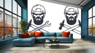 Bearded man in helmet - workshop retro tattoo. Mechanical service simple logo with hammer and wrench. Worker in hardhat - vintage emblem. Vector illustration. Wall mural