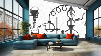 Chemical reaction consisting of flasks and hoses in a scientific laboratory. Vector black and white illustration. Possible reconfiguration. Wall mural