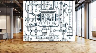 Complex industrial automatic conveyor machine. Interlacing of pipes, mechanisms, devices in doodle style. Vector illustration. Wall mural