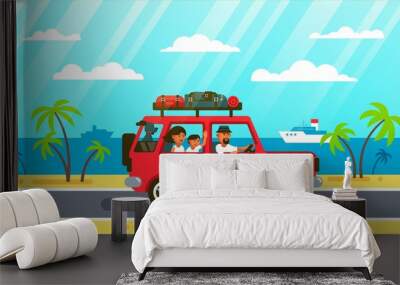 Happy family rides by car with a dog along coats road, past palm trees and ships. Vector illustration in flat style. Wall mural