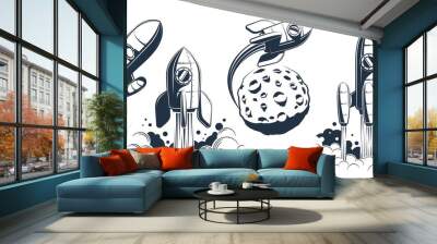 Rocket spaceship launch and flying - retro style. Rocketship monochrome vintage print illustration. Wall mural