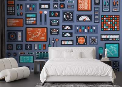 Set of control panel elements for spacecraft or technical industrial station. Vector illustration. Wall mural