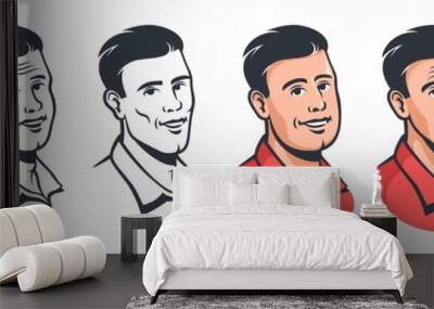 Smiling Man face set in vintage style. Male head with stylish hairstyle retro avatar. Cartoon vector illustration. Wall mural