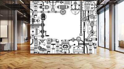 Steampunk doodle frame of various machine parts, scrap metal, mechanism and pipes. Black and white version without the filling. Wall mural