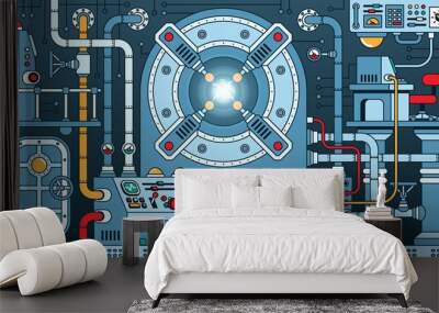 Steampunk machine - fantastic nuclear reactor. Energy device control room in physical laboratory. Time Machine. Sci-fi apparatus. Vector illustration. Wall mural