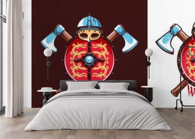 viking emblem with helmet, dragon shield and crossed battle axes. vector illustration. worn texture  Wall mural