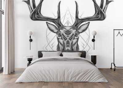 buck head line art. bull elk style drawing. deer head illustration with ornament design Wall mural