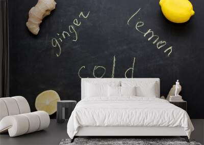  Ginger and lemon as prevention of colds. Dark background. Labels. Copyspace Wall mural