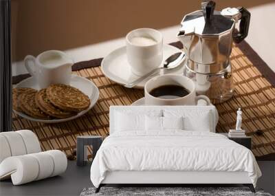 drink series: cup of coffee, hot espresso, milk and shortcake Wall mural