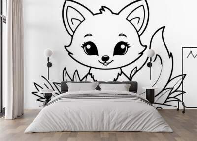 Drawing simple lines cute fox coloring book pages. cartoons for preschool children Wall mural