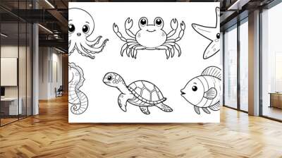 Drawing simple lines cute set sea animals coloring book pages. cartoons for preschool children Wall mural