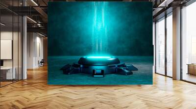 Futuristic neon light pedestal for product presentation mockup. Sci-fi product podium showcase in empty spaceship room Wall mural