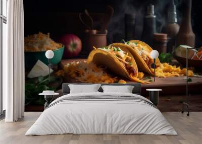 tacos with hashbrowns, scrambled, eggs and bacon topped with cheese and green onion. AI generated Wall mural