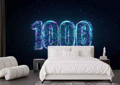 Abstract Futuristic Blue Purple Shiny Number 1000 3d Lines Effect And Square Dots Particles On Dark Blue Glitter Dust Background Wall mural