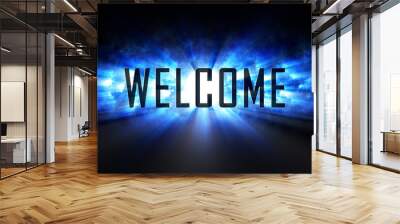 Epic Cinematic Welcome Text Effect With Misty Blue Shine 3D Volume Light Rays And Shadow On The Floor Wall mural