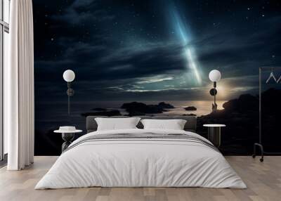 Beautiful night fantasy landscape with a meteorite in the sky Wall mural