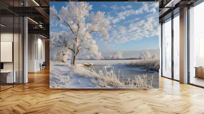 Beautiful winter landscape with frozen river and blue sky Wall mural