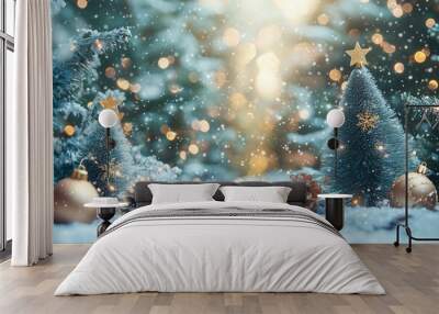 Christmas greeting card. Festive decoration on bokeh background. New Year concept Wall mural