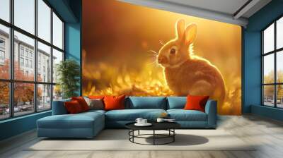 Cute little rabbit on a meadow at sunset Wall mural