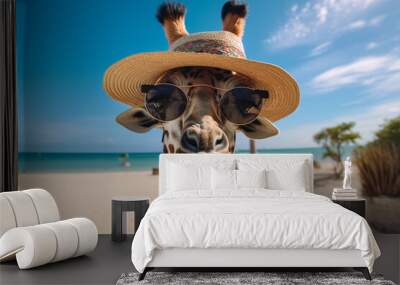 illustration of an giraffe wearing sunglasses on the beach. Created with Generative AI Wall mural