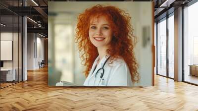 Portrait of a smiling female doctor with curly red hair with stethoscope in the hospital Wall mural