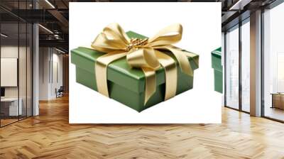 set of isolated illustrations of green colored gift box with golden ribbons. Created with Generative AI Wall mural