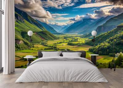 Beautiful mountain valley with greenery farmland Wall mural