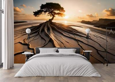 Overgrown isolated tree roots on the beach with amazing sunset Wall mural