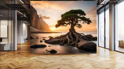 Solitary tree on the beach of a serene, isolated island in the middle of a vast body of water Wall mural