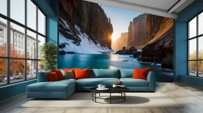 The end season of iceberg in morning with water river and huge cliff. Water river flow to sea coast the sea shore Wall mural