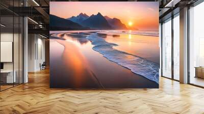 View of the ocean from the beach with golden sun light. Reflection of mountain on the sandy beach texture and background Wall mural