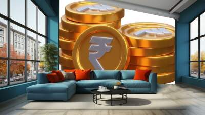 Stack of a gold rupee coin currency market financial or investment money banking treasure wealth cash and golden rupee pile economy with business earnings profit sign. 3D render	 Wall mural