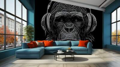 A gorilla wearing headphones is lost in a world of music, nodding its head to the beat. Despite its imposing size, the gorilla looks peaceful Wall mural