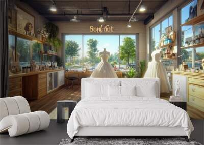 A bridal boutique with two mannequins wearing wedding gowns in the window. Wall mural