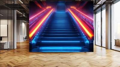 A futuristic staircase illuminated by neon lights in an abstract interior. Wall mural