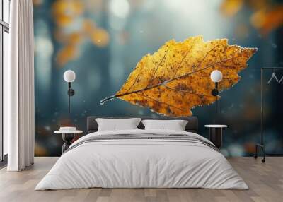 A single, golden autumn leaf floats in the air with a blurred forest backdrop. Wall mural