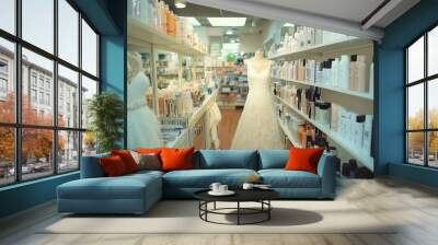 A wedding dress displayed in a retail store with beauty products on the shelves. Wall mural