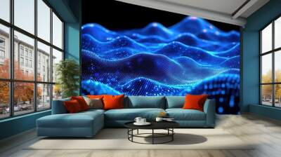 Abstract blue digital wave pattern with glowing particles on a dark background. Wall mural