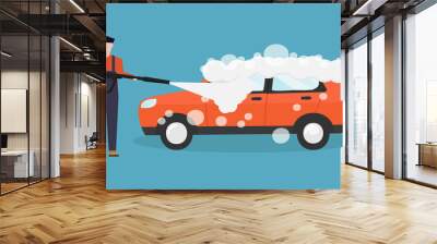 Car wash vector illustration on blue background Wall mural