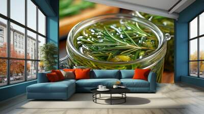 Close-up of two glass jars filled with olive oil and rosemary sprigs. Wall mural