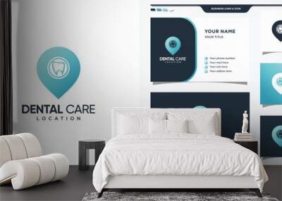 Dental logo with pin location concept and business card design. Premium Vector Wall mural