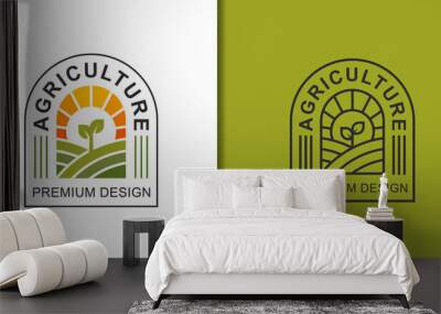 eco green farm with plant logo. agriculture farmer garden with sun nature linear logo design vector template Wall mural