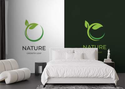 growing leaf logo icon design, circle Earth with plant graphic element, symbol, sign for green Earth Day, nature globe and greening earth logo template Wall mural