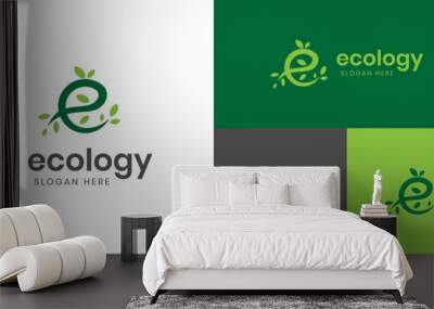 letter E ecology logo icon design with leaf or nature green plant graphic element, symbol for earth day logo, nature product label Wall mural