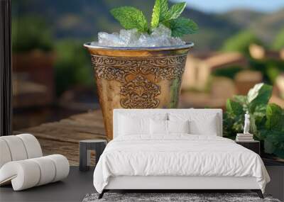 Mint Julep in an ornate silver cup with ice and mint sprigs on a rustic wooden table. Wall mural