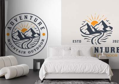 mountain landscape with rocks at sunrise, Sea and Sun for Hipster Adventure Traveling logo can be used biker cross Wall mural