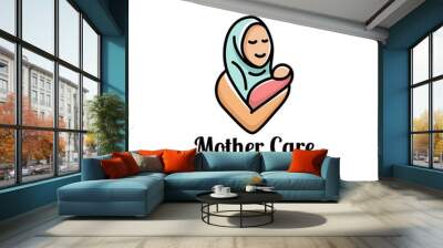 muslim islamic mother care logo with baby vector symbol, mom hugs her child logo template for mother's day event Wall mural